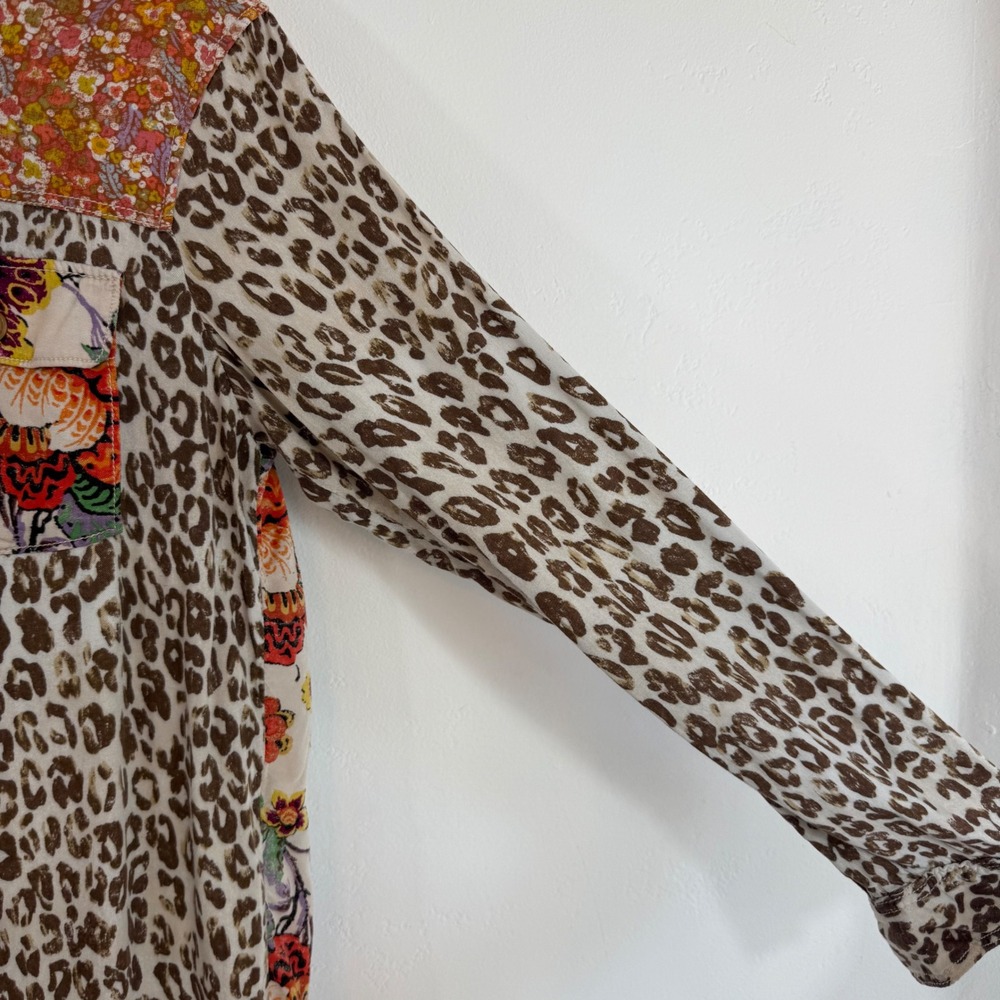 Pilcro Anthropologie Patchwork Shirt Leopard Floral Mixed Print XS Boho Eclectic - Picture 8 of 14